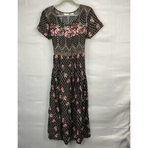 VTG Fashion Bug 90s Floral Maxi Dress 8 M Black Rose Cottage Grunge Y2K Tie